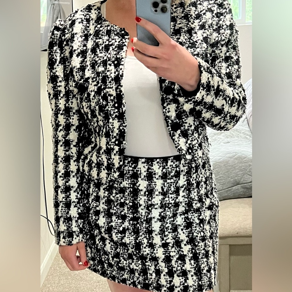 Antonio Melani Chic Black and White Tweed Sequin Skirt Suit